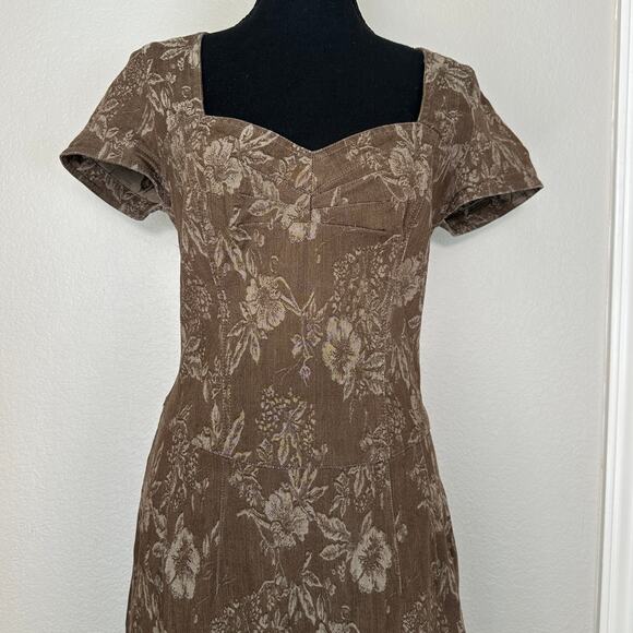 Peruvian Connection brown floral denim 90s style babydoll dress, artisan, size 8 - Picture 1 of 9